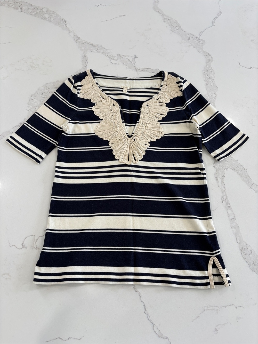 J. Crew Navy Blue & White Striped Embellished V-Neck Top Size XS